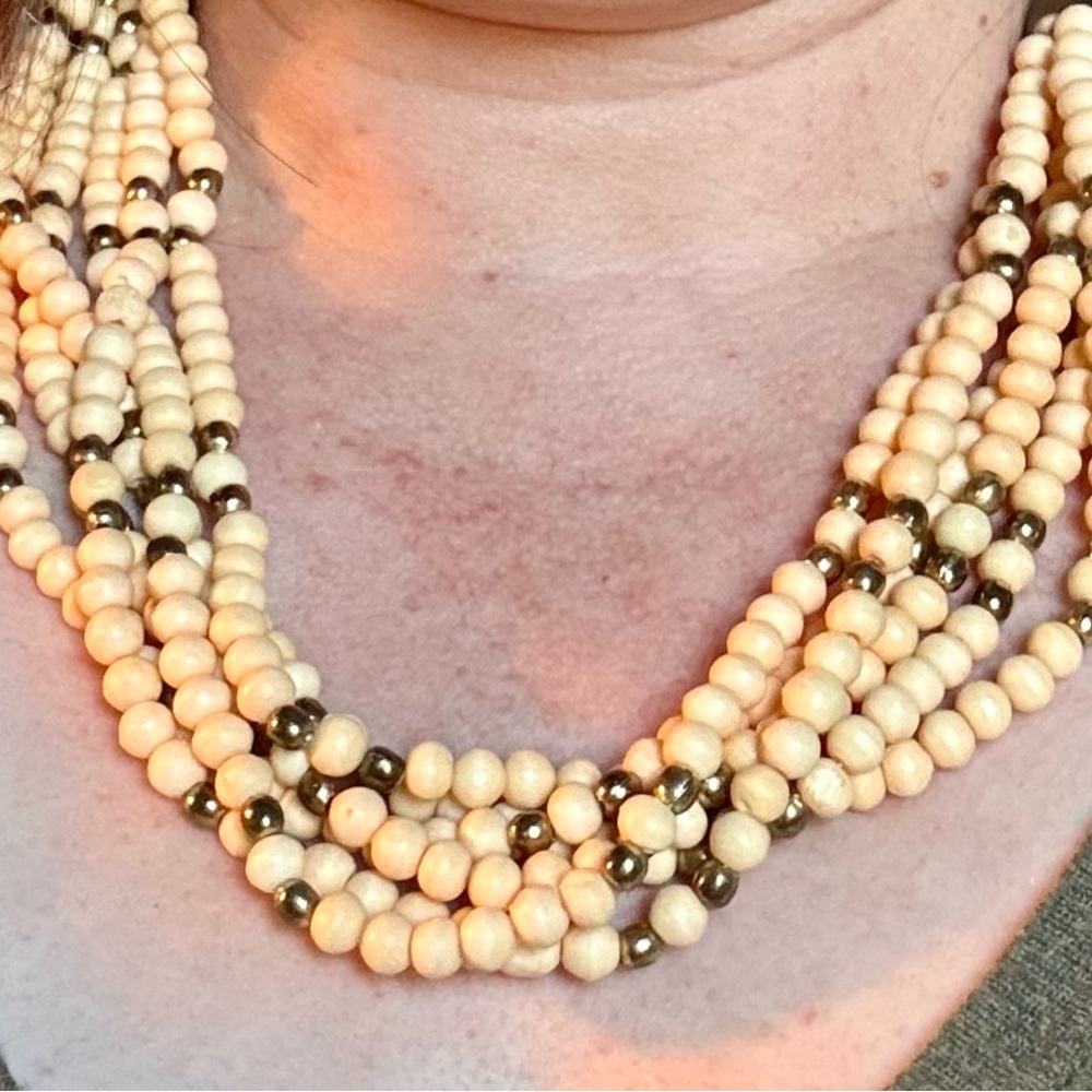 NEW Natural Multi-strand WOOD Beads Copper Tone Beads Tone Lobster Close 22”